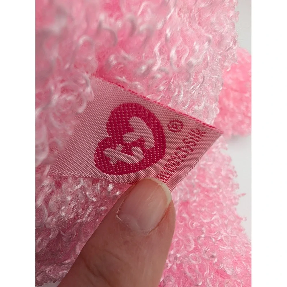 Ty Pinkys Shimmers Plush Bear‎ Pink Curly Fur Satin Bow 2004 16 Inch Stuffed